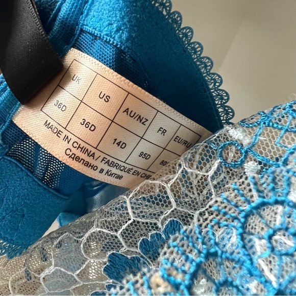 🔖Dita Von Teese Lingerie Evelina Underwire Bra Blue Lace Bow Embroidery Mesh - Picture 3 of 9
